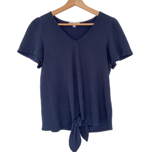 GREEN ENVELOPE NAVY BLUE TEXTURED SHORT SLEEVED WAIST TIE TOP/BLOUSE, LARGE